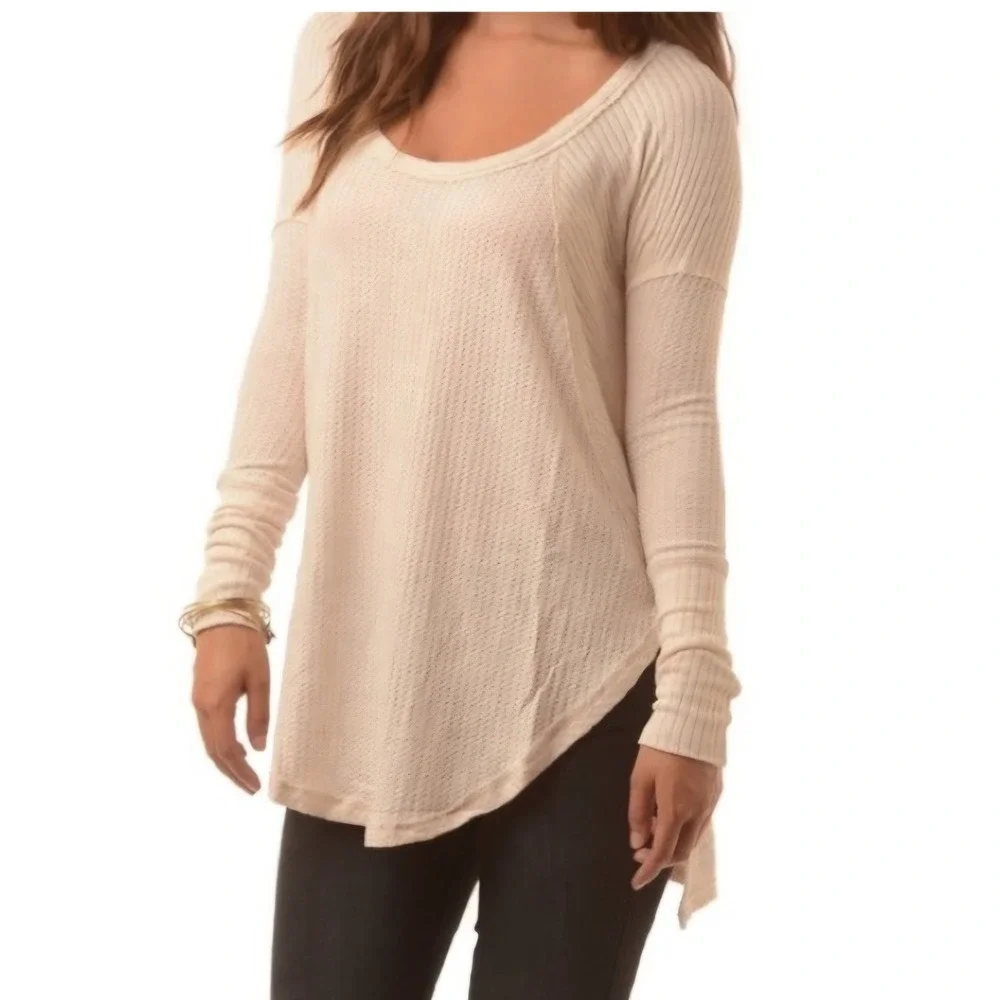 Free People Ventura Waffle Knit Thermal XS Ivory Cream High Low Tunic Top
